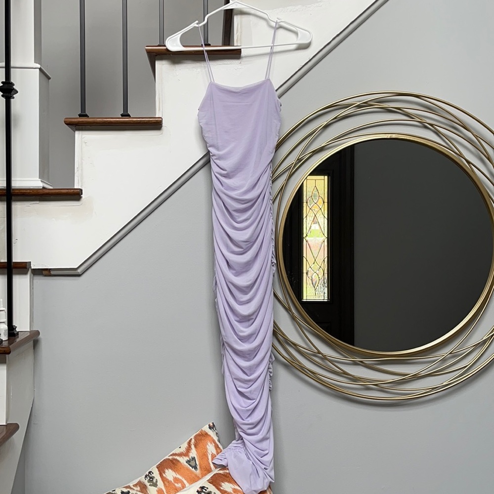 Pure And Simple Ruched Mesh Midaxi Dress in Lilac